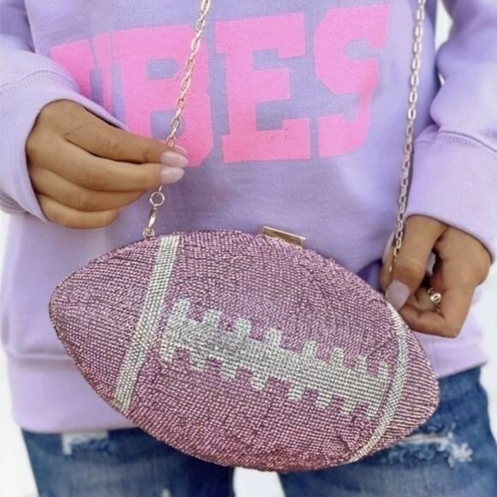 J Pink Rhinestone Football Bag Gold Chain Sporty Purse Handbag NFL Superbowl